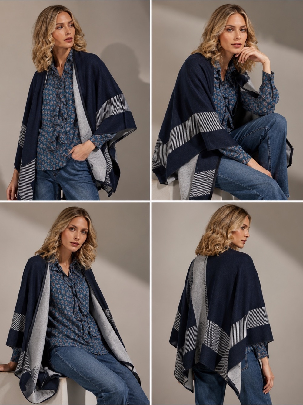 CAbi Reversible Colorblock Poncho Wrap Cozy Layering Piece